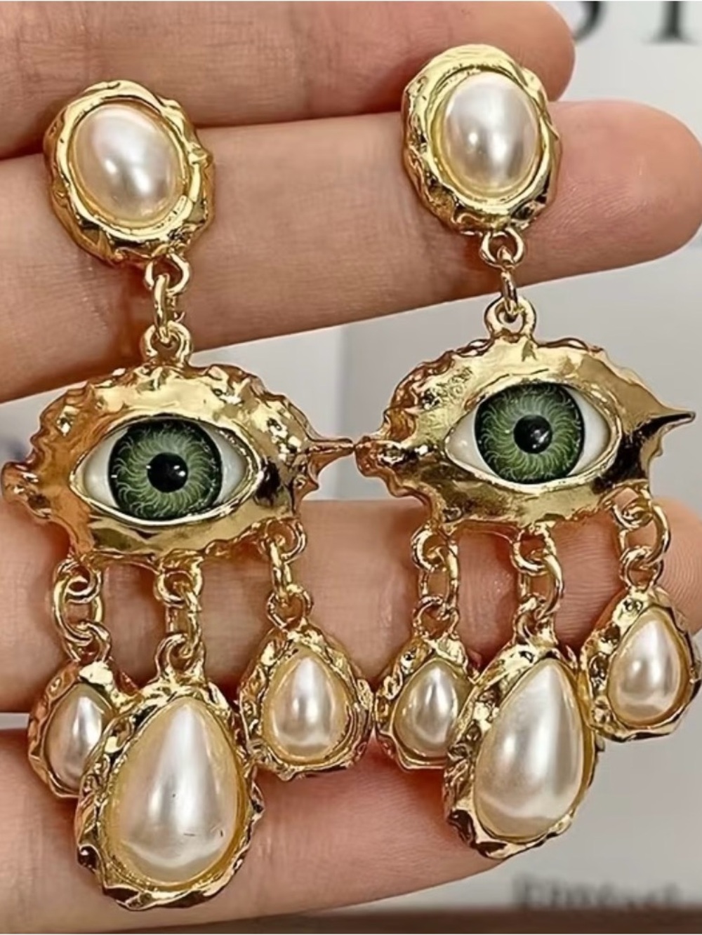 Gold & Faux Pearl & Green Evil Eye Statement Drop Earrings - Women Jewelry